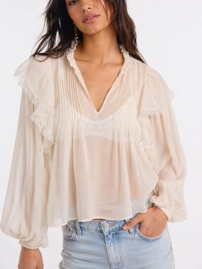 Zara Cream Sheer Ruffle Boho Blouse Romantic Peasant Top